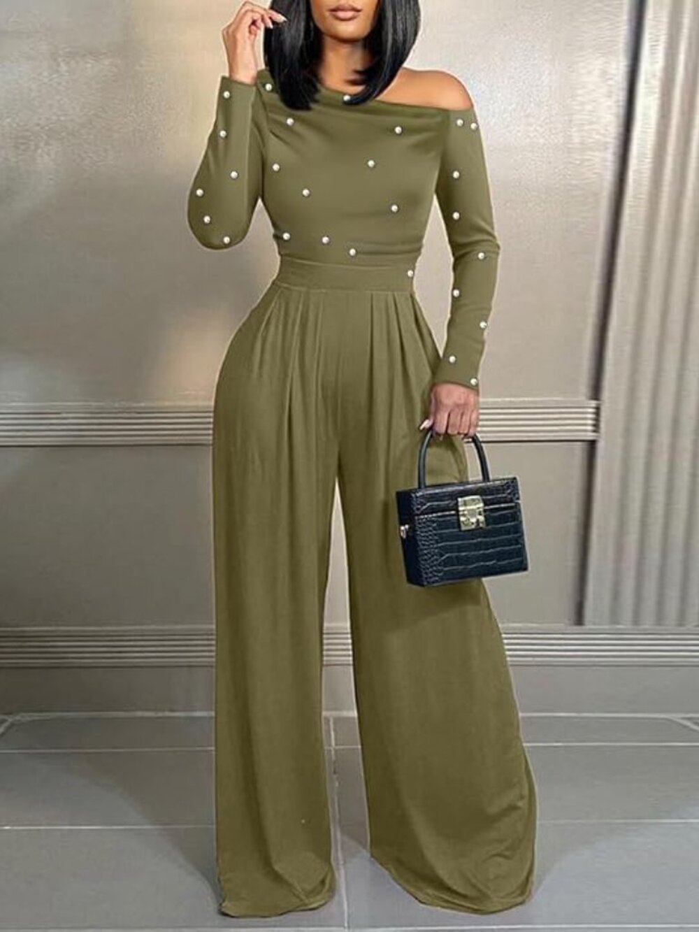 Jumpsuit Dressy Elegant Off Shoulder Long Sleeve Pearl Detail - NWOT - M